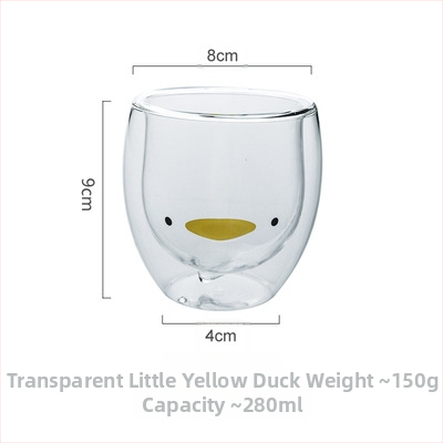 Чаша от боросиликатно стъкло с двоен слой, дизайн с карикатурно мече и пате, без дръжка, за горещи напитки