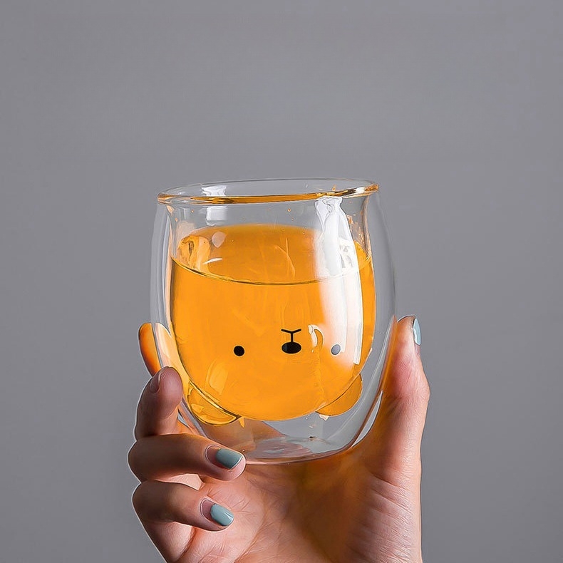 Чаша от боросиликатно стъкло с двоен слой, дизайн с карикатурно мече и пате, без дръжка, за горещи напитки