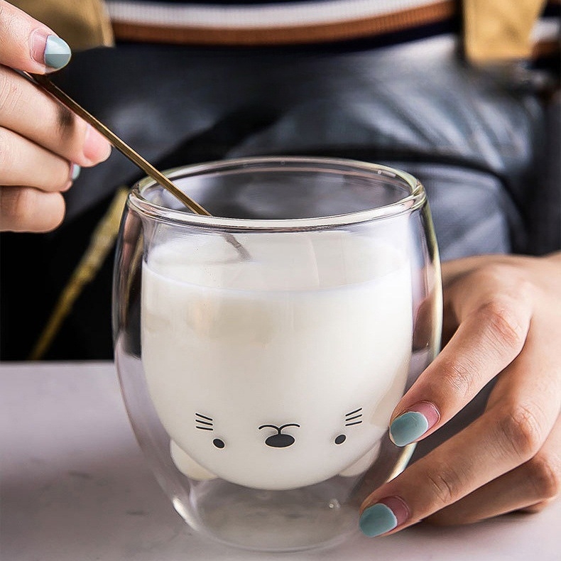 Чаша от боросиликатно стъкло с двоен слой, дизайн с карикатурно мече и пате, без дръжка, за горещи напитки