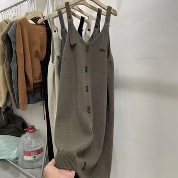 Duga pletena haljina od akrila s gumbima, prav kroj, ulični stil, dugi rukavi, zimsko izdanje 2024