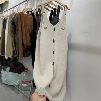 Duga pletena haljina od akrila s gumbima, prav kroj, ulični stil, dugi rukavi, zimsko izdanje 2024