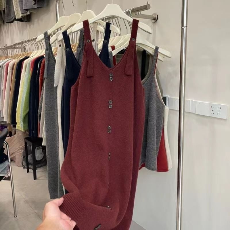 Duga pletena haljina od akrila s gumbima, prav kroj, ulični stil, dugi rukavi, zimsko izdanje 2024