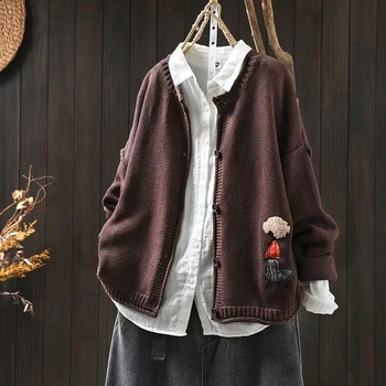 Γυναικείο βαμβακερό πλεκτό cardigan‑παλτό με patchwork, χαλαρή εφαρμογή, στρογγυλός λαιμός, μακριά μανίκια