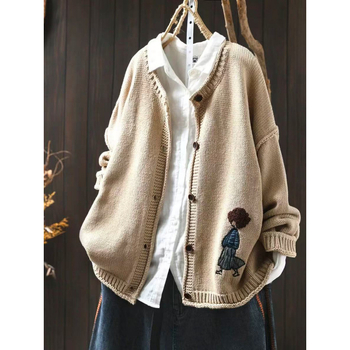 Γυναικείο βαμβακερό πλεκτό cardigan‑παλτό με patchwork, χαλαρή εφαρμογή, στρογγυλός λαιμός, μακριά μανίκια