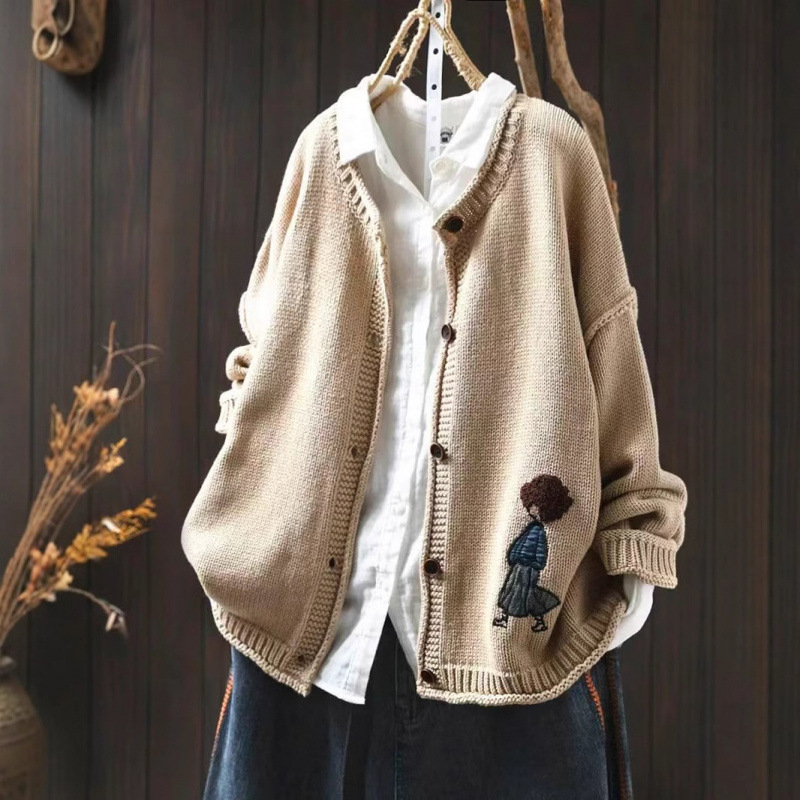 Női pamut kötött patchwork kardigánkabát, lazított szabás, kerek nyak, hosszú ujjú