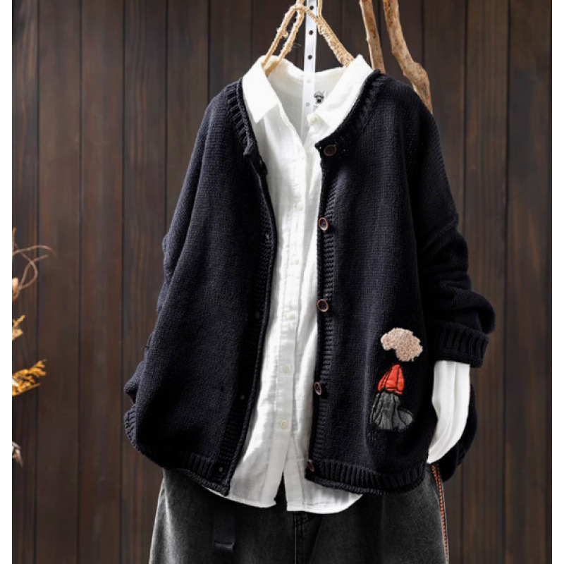 Női pamut kötött patchwork kardigánkabát, lazított szabás, kerek nyak, hosszú ujjú