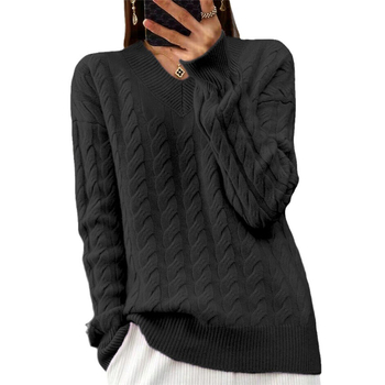Ženski debeli pleteni džemper s V-izrezom, dugi rukavi, akril