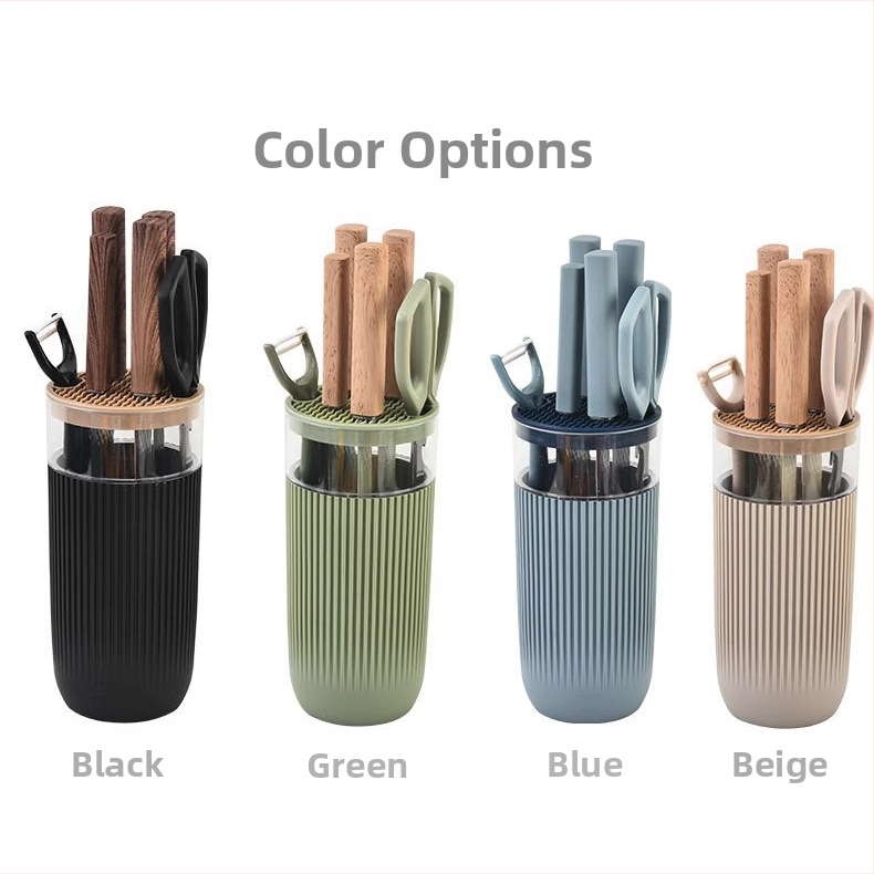 Седемчастен комплект ножове от неръждаема стомана 3Cr13 с държач за ножове – кухненски ножове и ножици