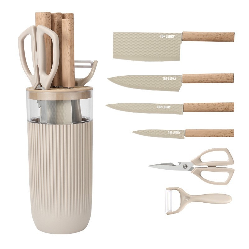 Septynių peilių rinkinys iš nerūdijančio plieno 3Cr13 su cilindriniu laikikliu – virtuvės peiliai ir žirklės