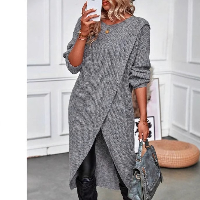 Rankų mezginys moteriškas megztinis iš medvilnės-poliesterio su spandeksu, ilgomis rankovėmis, vidutinio ilgio