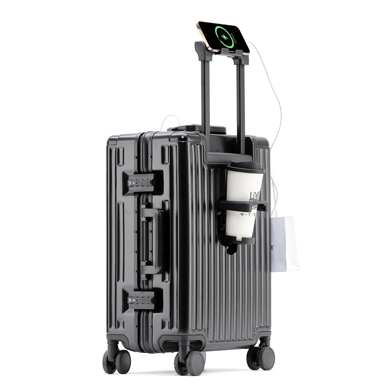 Valiză cu deschidere frontală, cadru din aluminiu, carcasă din PC; încărcare USB; impermeabilă și rezistentă la uzură; separare uscat/umed