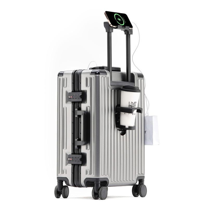 Valiză cu deschidere frontală, cadru din aluminiu, carcasă din PC; încărcare USB; impermeabilă și rezistentă la uzură; separare uscat/umed