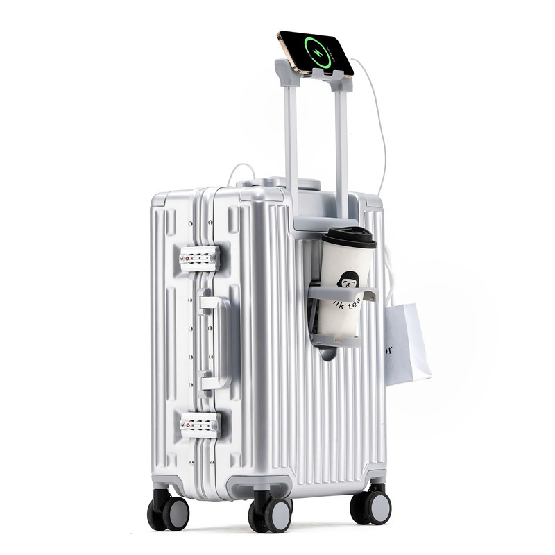 Valiză cu deschidere frontală, cadru din aluminiu, carcasă din PC; încărcare USB; impermeabilă și rezistentă la uzură; separare uscat/umed