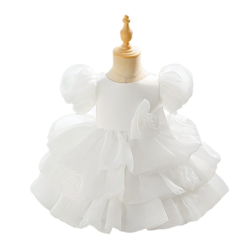 Vaikų vestuvinė suknelė mergaitėms su daugiasluoksniu tinklinio tiulio sluoksniu, plisavimas, enziminis plovimas, 65% poliesteris su 35% medvilnės pamušalu, 1–3 metų amžius