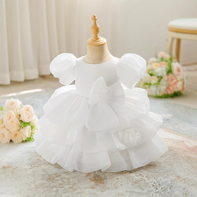 Vaikų vestuvinė suknelė mergaitėms su daugiasluoksniu tinklinio tiulio sluoksniu, plisavimas, enziminis plovimas, 65% poliesteris su 35% medvilnės pamušalu, 1–3 metų amžius