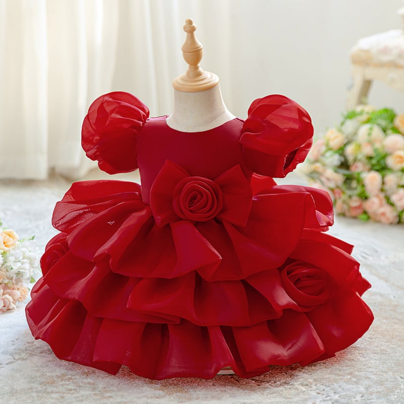 Vaikų vestuvinė suknelė mergaitėms su daugiasluoksniu tinklinio tiulio sluoksniu, plisavimas, enziminis plovimas, 65% poliesteris su 35% medvilnės pamušalu, 1–3 metų amžius