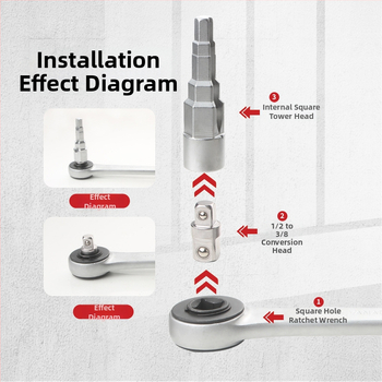 Трещотков ключ с пагодова връзка, стъпкови глави и четириглав квадратна глава за демонтаж на клапан