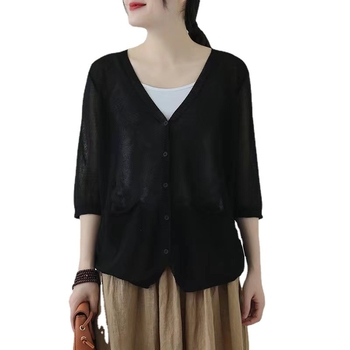 Кардиган за жени от Ice Silk, V-образно деколте, половин ръкав, свободен силует, тънък трикотаж