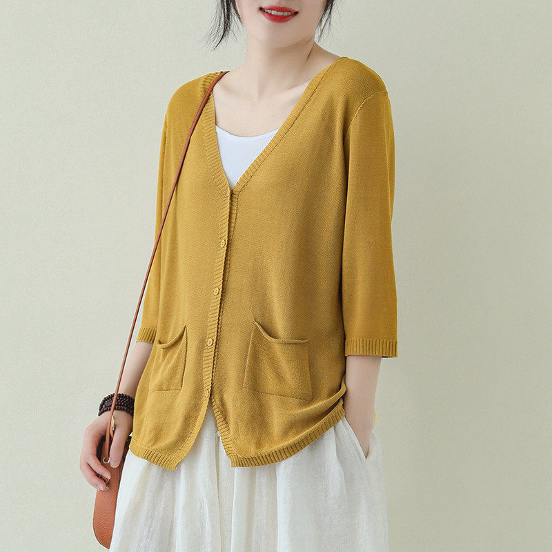 Кардиган за жени от Ice Silk, V-образно деколте, половин ръкав, свободен силует, тънък трикотаж