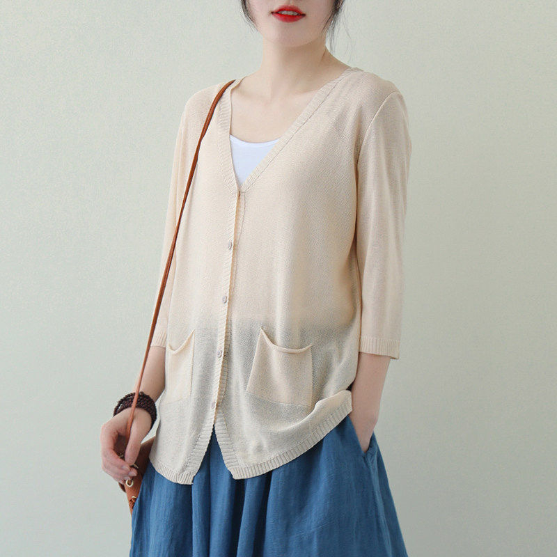 Кардиган за жени от Ice Silk, V-образно деколте, половин ръкав, свободен силует, тънък трикотаж