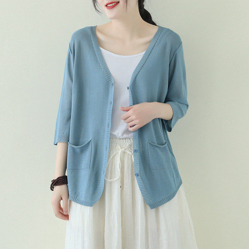 Кардиган за жени от Ice Silk, V-образно деколте, половин ръкав, свободен силует, тънък трикотаж