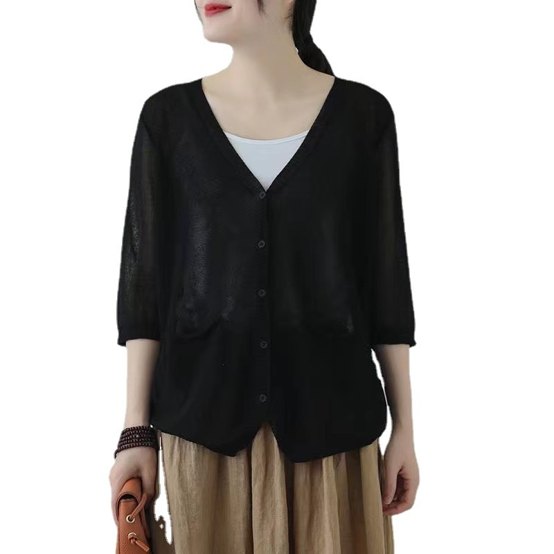 Кардиган за жени от Ice Silk, V-образно деколте, половин ръкав, свободен силует, тънък трикотаж