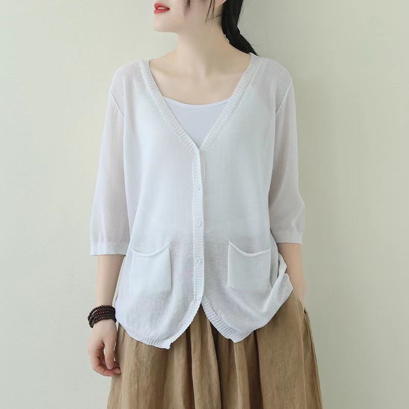 Кардиган за жени от Ice Silk, V-образно деколте, половин ръкав, свободен силует, тънък трикотаж