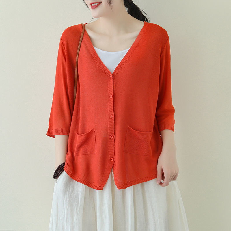 Кардиган за жени от Ice Silk, V-образно деколте, половин ръкав, свободен силует, тънък трикотаж