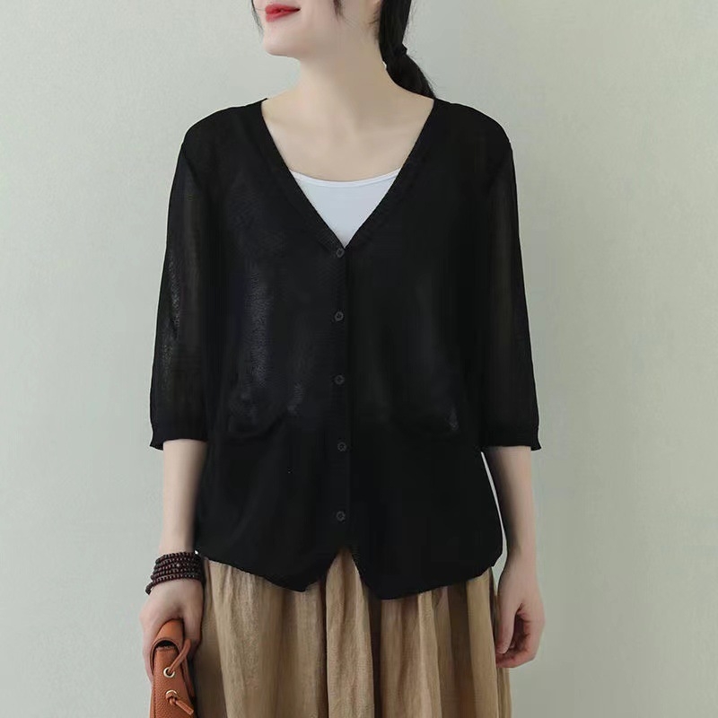 Кардиган за жени от Ice Silk, V-образно деколте, половин ръкав, свободен силует, тънък трикотаж