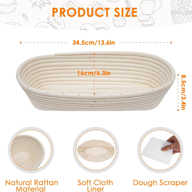 Apskritas rotaninio duonos krepšys kepimui — kepimo rinkinys, prekės ženklas bake, neimportuotas, modernus minimalistinis stilius