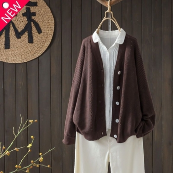 Moteriškas mezginio kardiganas su V kaklu, laisvas kirpimas, ilgomis rankovėmis, viskozės-poliesterio mišinys (50–70%)