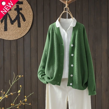 Moteriškas mezginio kardiganas su V kaklu, laisvas kirpimas, ilgomis rankovėmis, viskozės-poliesterio mišinys (50–70%)