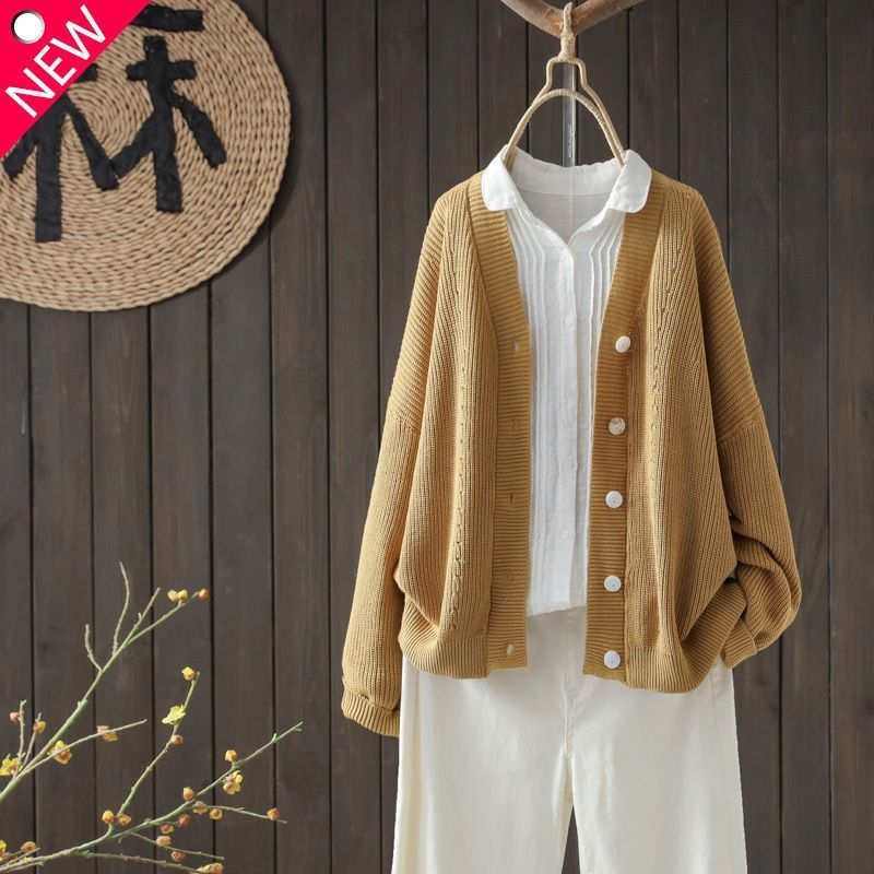 Moteriškas mezginio kardiganas su V kaklu, laisvas kirpimas, ilgomis rankovėmis, viskozės-poliesterio mišinys (50–70%)