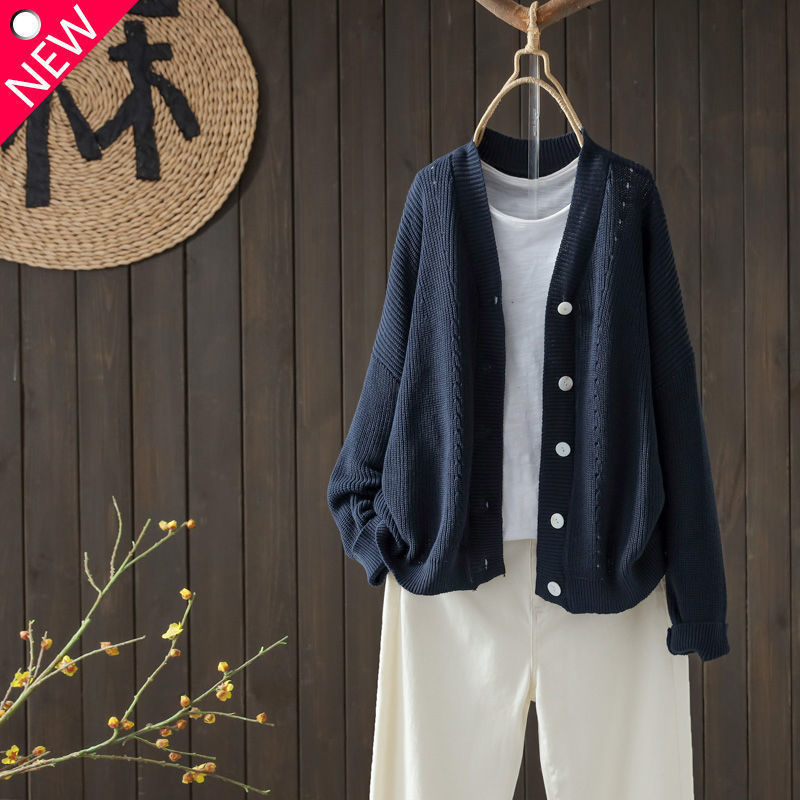 Moteriškas mezginio kardiganas su V kaklu, laisvas kirpimas, ilgomis rankovėmis, viskozės-poliesterio mišinys (50–70%)