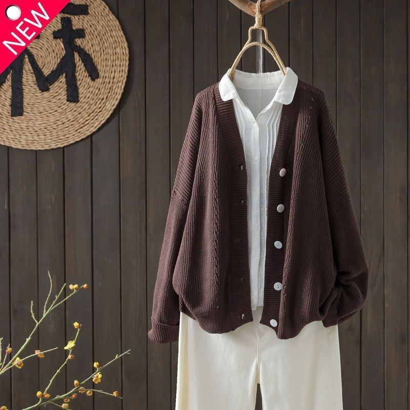 Moteriškas mezginio kardiganas su V kaklu, laisvas kirpimas, ilgomis rankovėmis, viskozės-poliesterio mišinys (50–70%)