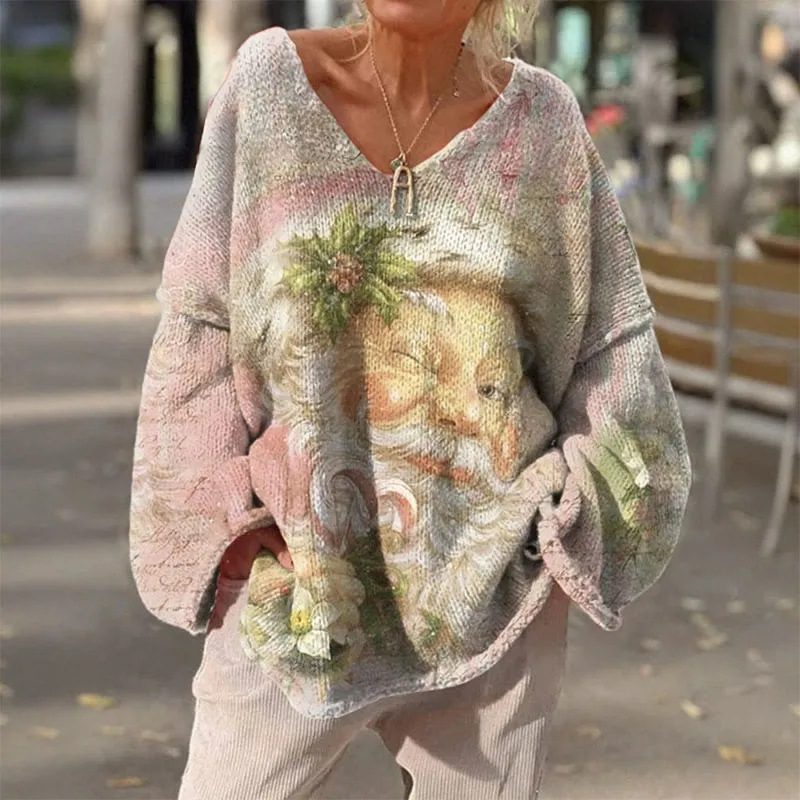 Pulover s V-dekolteom, slobodan kroj, dugi rukavi, srednje duljine 65–80 cm, 95% poliester, pleteni materijal 300 g/m², digitalni tisak