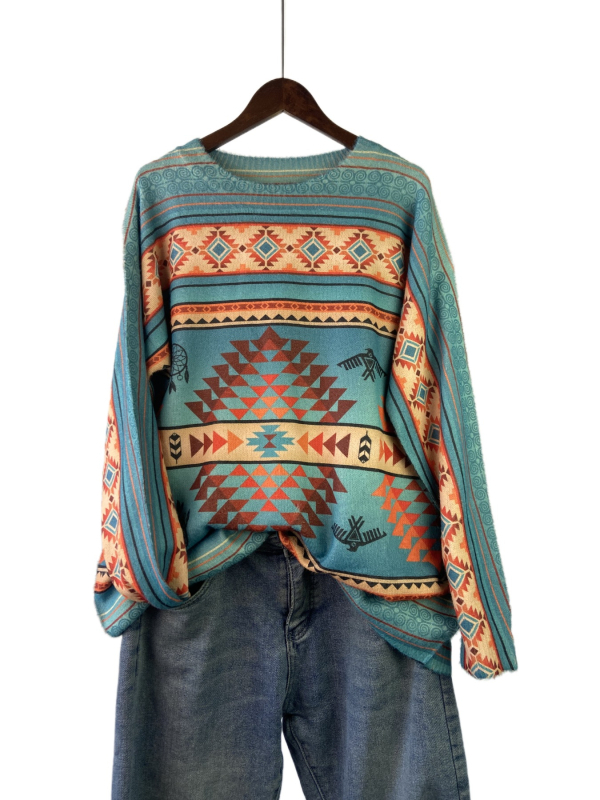 Pulover damă mărime plus cu imprimeu etnic 3D, din nailon/poliester, croi lejer, guler rotund