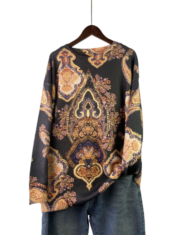 Pulover damă mărime plus cu imprimeu etnic 3D, din nailon/poliester, croi lejer, guler rotund