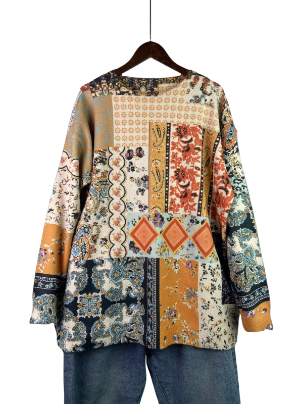 Pulover damă mărime plus cu imprimeu etnic 3D, din nailon/poliester, croi lejer, guler rotund