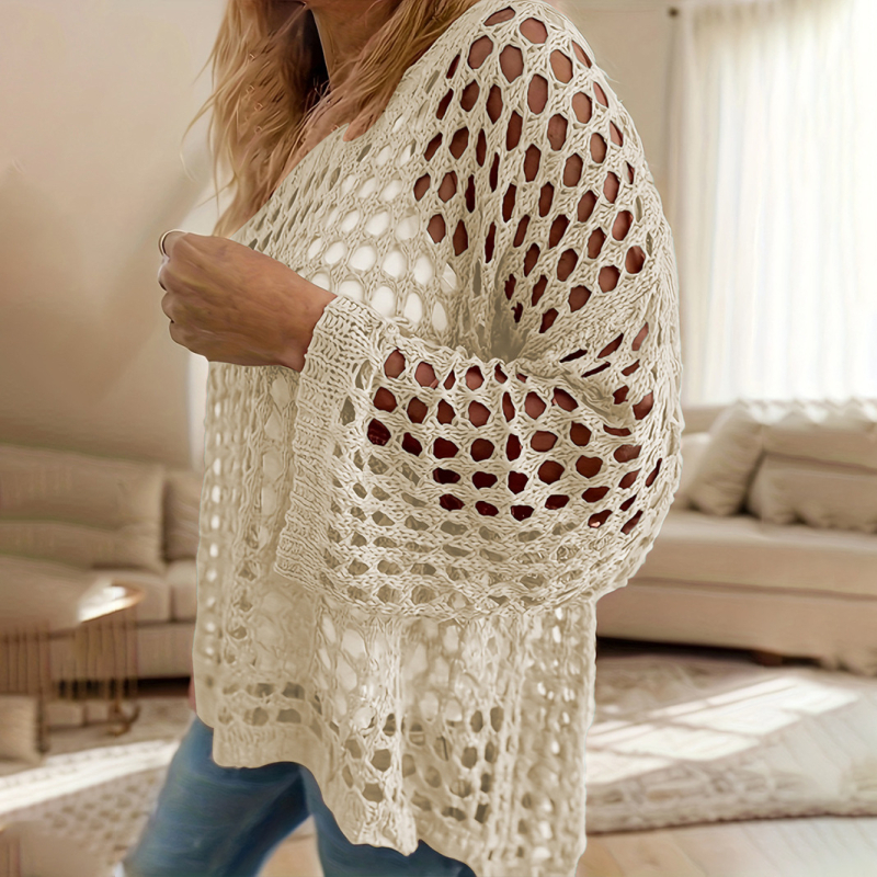 Γυναικείο κάλυμμα παραλίας από διάτρητο πλεκτό ύφασμα, σε χαλαρή εφαρμογή, προστασία από τον ήλιο, πολυεστέρας με επένδυση πολυεστέρα