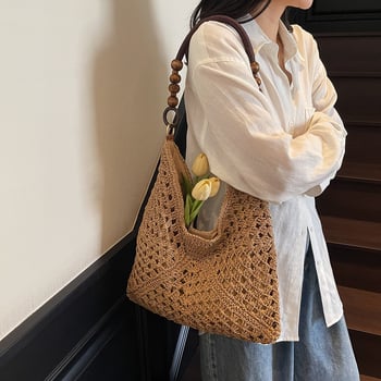 Ženska torba od slame, tote torba, vertikalno kvadratni oblik, magnetska zatvarač, poliester podstava
