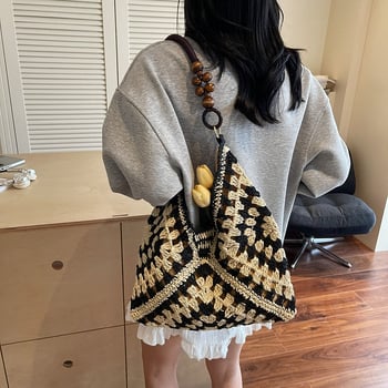 Ženska torba od slame, tote torba, vertikalno kvadratni oblik, magnetska zatvarač, poliester podstava