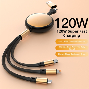 Rozťažný hliníkový kruhový kábel 5 v 1 pre nabíjanie a prenos dát, s rozhraniami Lightning a USB-C, max. 120W, dve až tri vetvy