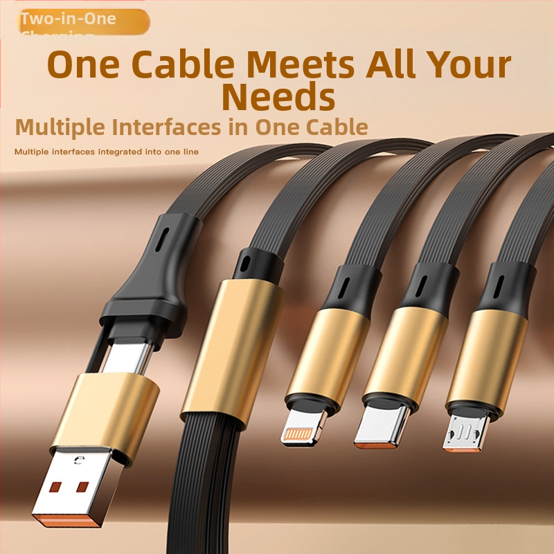 Разтегателен алуминиев кръгъл 5-в-1 кабел за зареждане и пренос на данни, с интерфейси Lightning и USB-C, максимум 120W, две към три разклонителни връзки