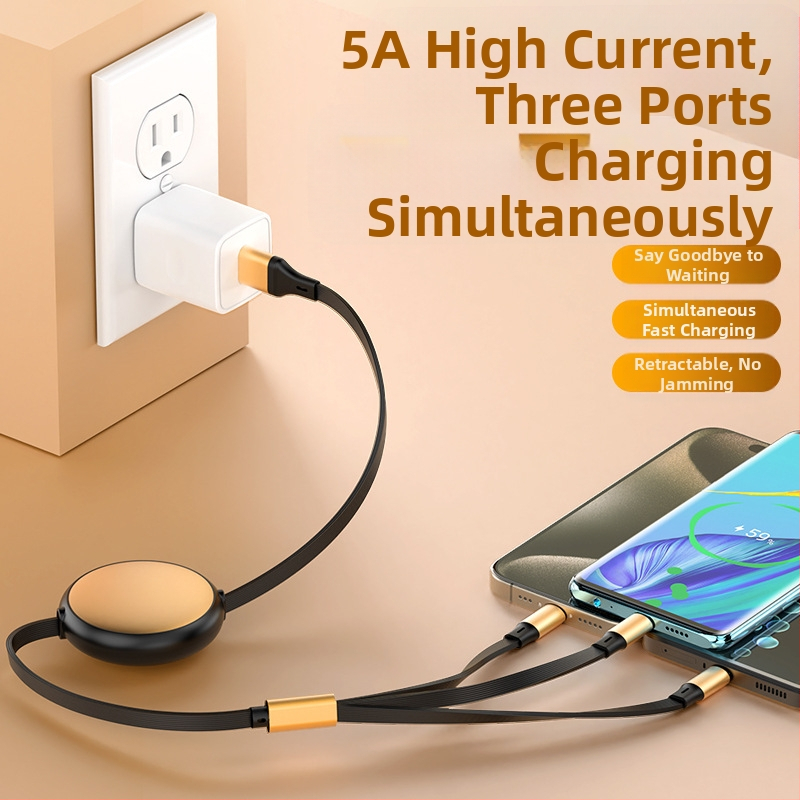 Разтегателен алуминиев кръгъл 5-в-1 кабел за зареждане и пренос на данни, с интерфейси Lightning и USB-C, максимум 120W, две към три разклонителни връзки