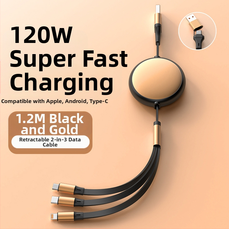 Rozťažný hliníkový kruhový kábel 5 v 1 pre nabíjanie a prenos dát, s rozhraniami Lightning a USB-C, max. 120W, dve až tri vetvy