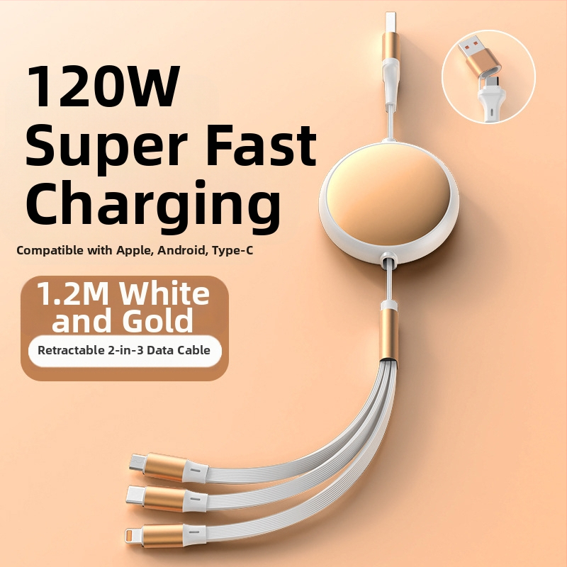 Rozťažný hliníkový kruhový kábel 5 v 1 pre nabíjanie a prenos dát, s rozhraniami Lightning a USB-C, max. 120W, dve až tri vetvy