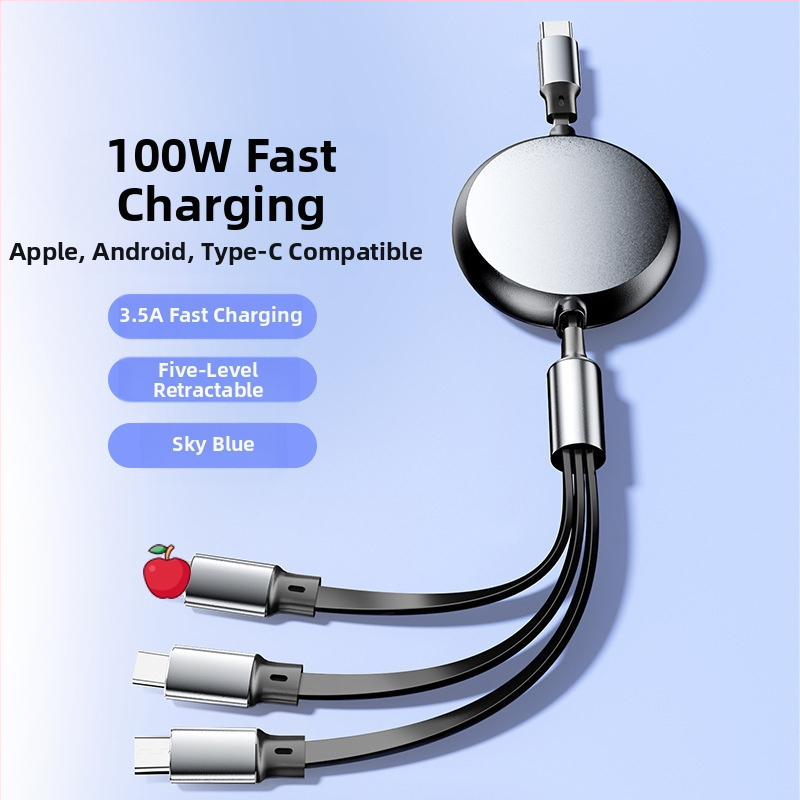 Rozťažný hliníkový kruhový kábel 5 v 1 pre nabíjanie a prenos dát, s rozhraniami Lightning a USB-C, max. 120W, dve až tri vetvy