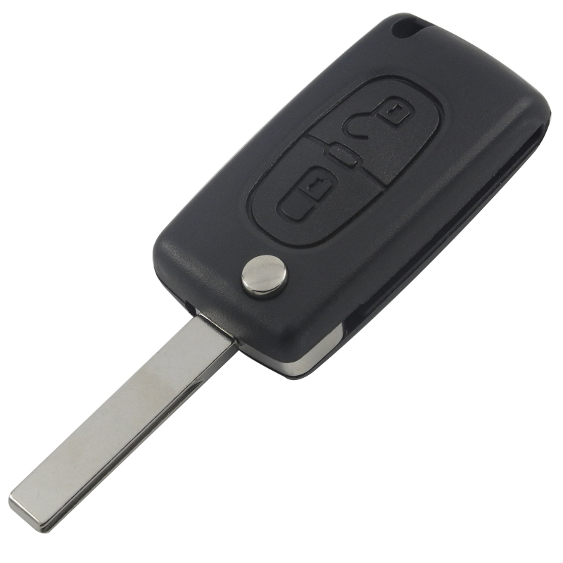 Peugeot/Citroën 2 gombos összecsukható kulcskeret – csere; burkolat műanyag mérnöki típusú; kulcs pengéje réz anyagú; tömeg 41 g