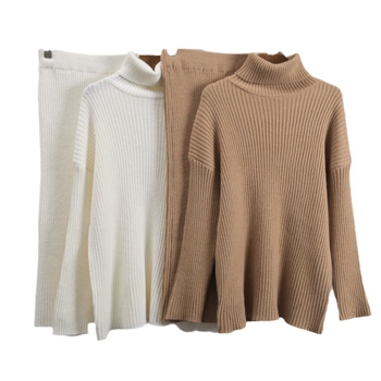 Δύο-τμήματα Κουστουμί με φούστα και πουλόβερ με ζιβάγκο, midi μονόχρωμη φούστα, μείγμα κασμίρι-ακρυλικό, ιαπωνο-κορεατικό στυλ ανάπαυσης